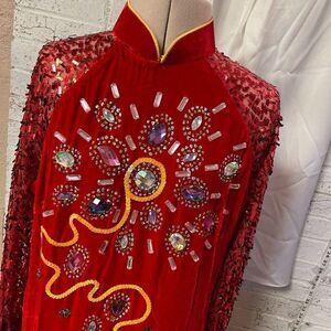 Vintage Evening Gown Oriental 50/60's Sequined Long Sleeve Velvet Red Small